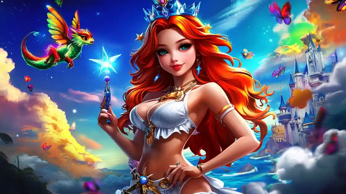 A vibrant fantasy scene featuring a beautiful princess with fiery red hair and a crown, holding a magic wand, with a small winged dragon and a fairytale castle in the background, embodying the magical world of pjok.