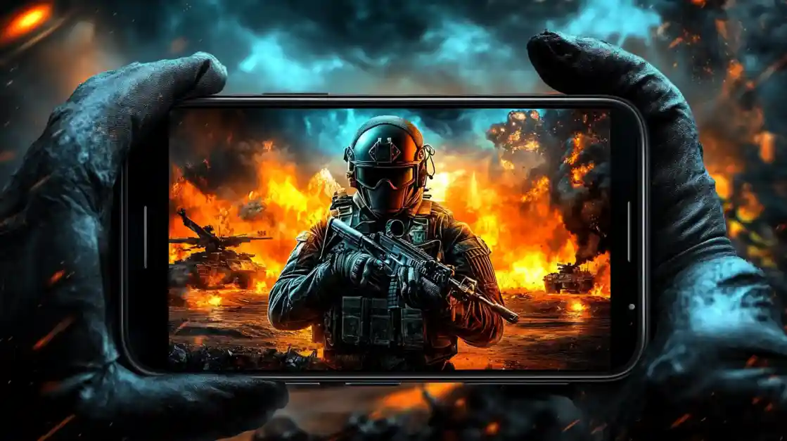 Hands holding a smartphone displaying an intense military shooter game with a soldier amidst explosions and tanks, showcasing the immersive action available on pjok.