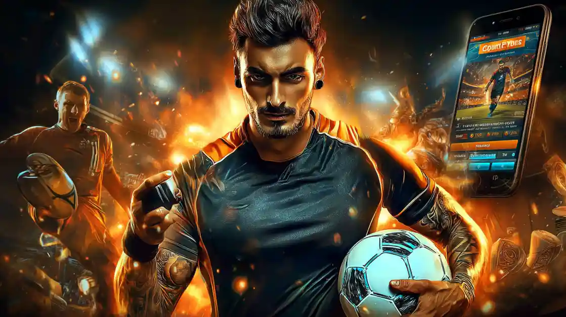 An intense male soccer player with tattoos holds a football, looking confidently at the camera with a pjok sports betting app on a phone beside him, all set against a fiery action background.