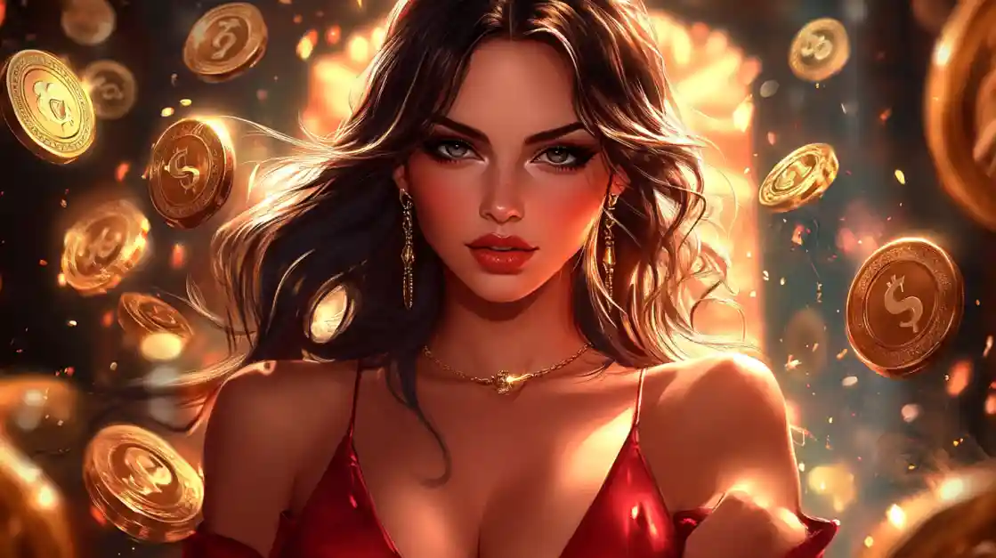 A stunning woman in a red dress, adorned with delicate jewelry, looks directly at the viewer as a shower of golden pjok coins rains down around her, symbolizing big wins.