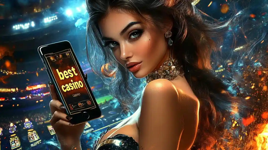 An alluring woman holds a smartphone with the best casino app from pjok glowing on the screen, set against the backdrop of a brightly lit stadium and ambient flames.