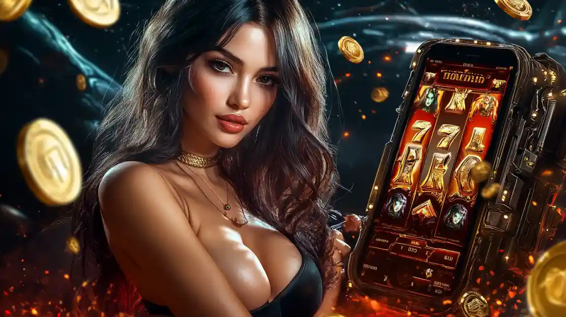 A beautiful woman in a black top looks confidently at the viewer while holding a smartphone displaying a pjok mobile slot game with 777 symbols and golden coins.
